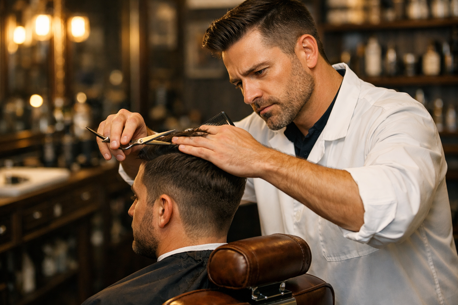 Usta berber erkek saç kesimi yapıyor